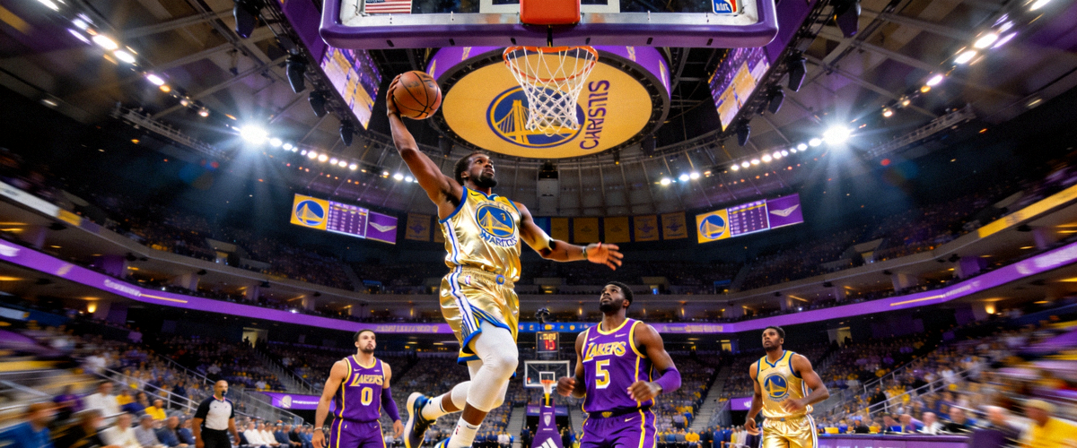 NBA常规赛勇士对阵湖人，篮球运动员在加州球馆进行快攻扣篮的画面